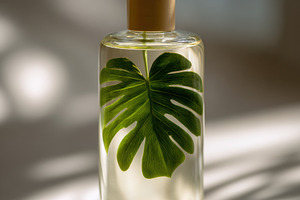 Green plant leaf, transparent bottle, a Nature Photo by Virgo Studio