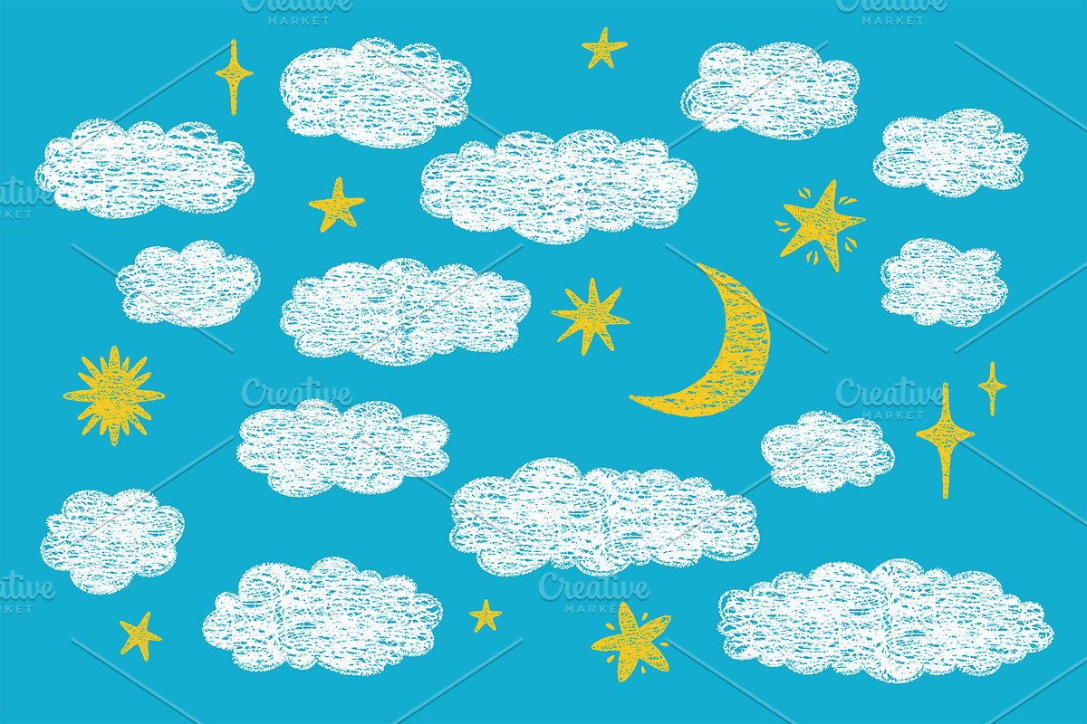 Crayon Clouds and Stars vector art, a Decorative Illustration by Neliakott ♥ (Photo 4 of 6)