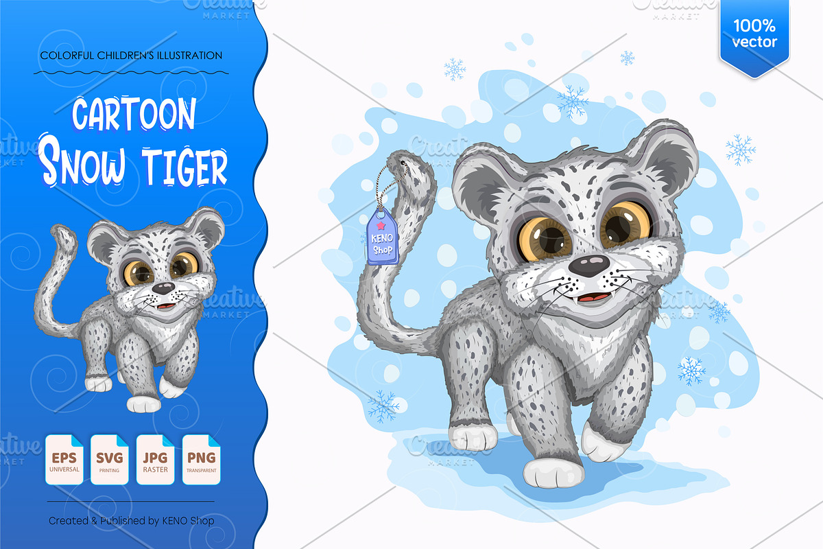 Cartoon Snow Tiger. Tshirt, PNG., an Animal Illustration by KENO Mascots (Photo 1 of 5)