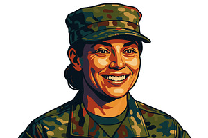 Smiling Female Soldier in Camouflage, an Illustration by AlexArt