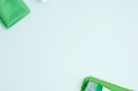 Concept of cleanliness and hygiene. Cleaning supplies and tools, including bott, a Photo by matucha