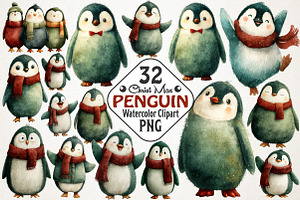 Christmas Penguin Watercolor Clipart, an Illustration by RobertsArt