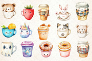 Watercolor Kawaii Coffee Cup Clipart, an Illustration by Rose Art (Thumbnail 2 of 3)