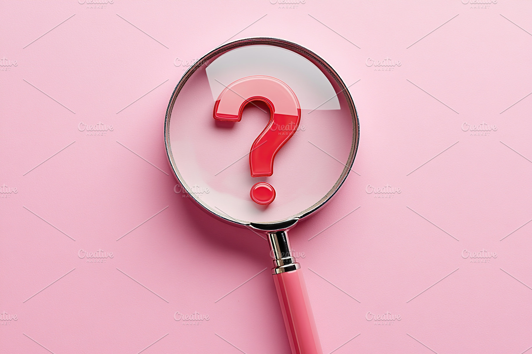 Magnifying glass focuses on a red question mark on a pink background, a Photo by AlyaAnd
