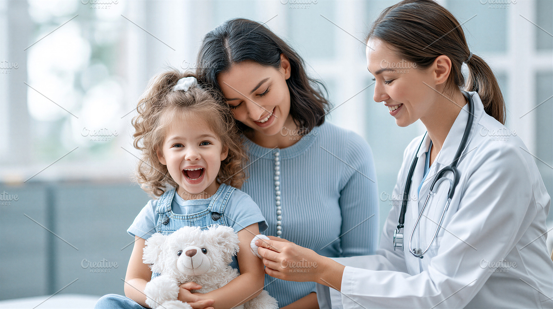 Doctor examining young girl with mom, a Health & Medical Photo by 7DesignLab