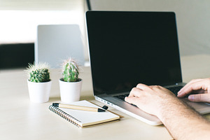 Man working at computer stock photo containing computer and man