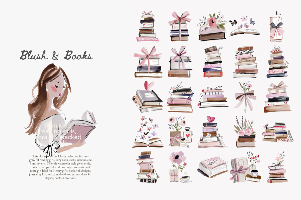 Blush Book Lover Clipart Bundle, a Decorative Illustration by Patishop Art (Photo 7 of 14)