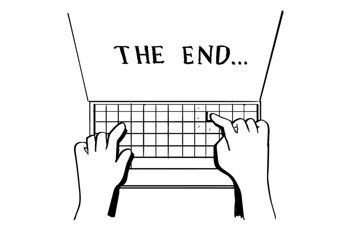 Hand Typing on Computer The End, an Illustration by patrimonio