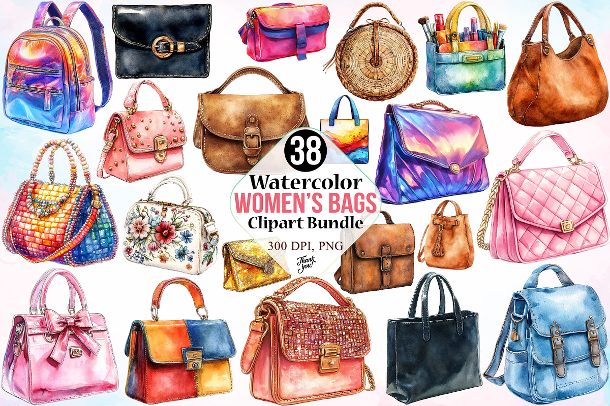 Watercolor Women’s Bags Clipart PNG, an Illustration by Canvas Craft (Photo 1 of 3)