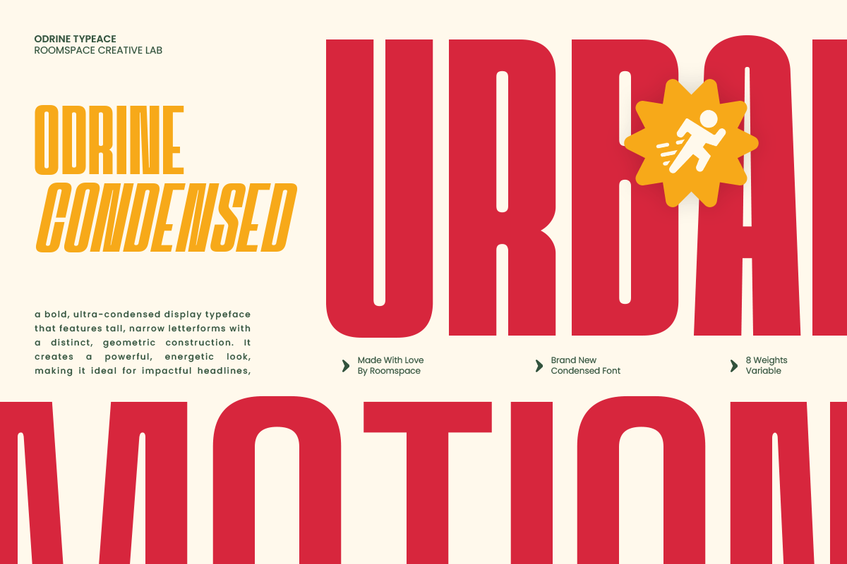 Odrine - A Retro Modern Condensed, a Sans Serif Font by roomspace creative lab (Photo 2 of 12)