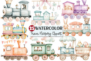 Train Baby Nursery Watercolor Clipar, an Illustration by Rose Art