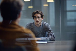 Young man engaged in serious conversation during a business meeting, a Photo by AlyaAnd