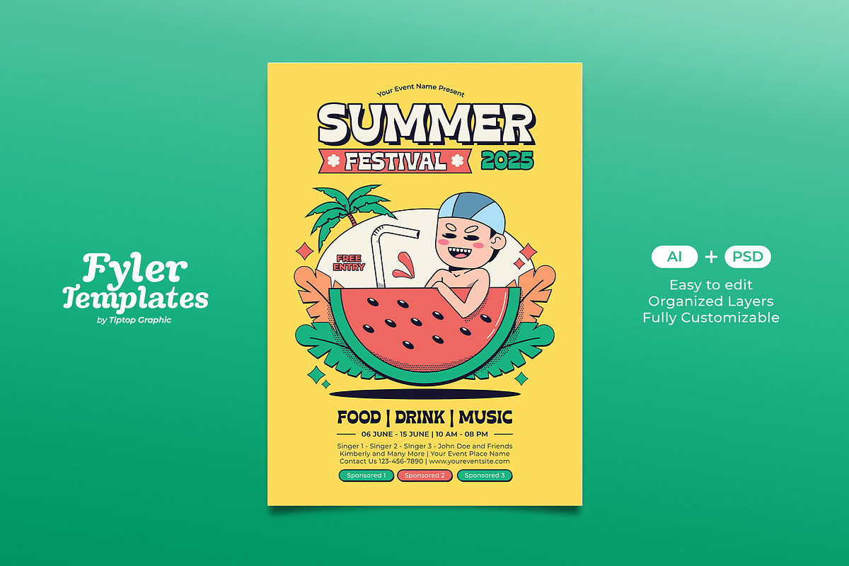 Retro Summer Festival Flyer Template, a Flyer Template by Tiptop Graphic (Photo 1 of 5)