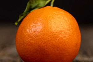 one ripe tangerine with a dried green leaf, a Photo by rsoollAI