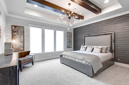 Gray Bedroom with Wood Beams, an Architecture Photo by Water Street Photography