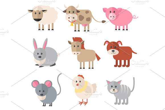 Farm Animals. Vector Flat Icon Set