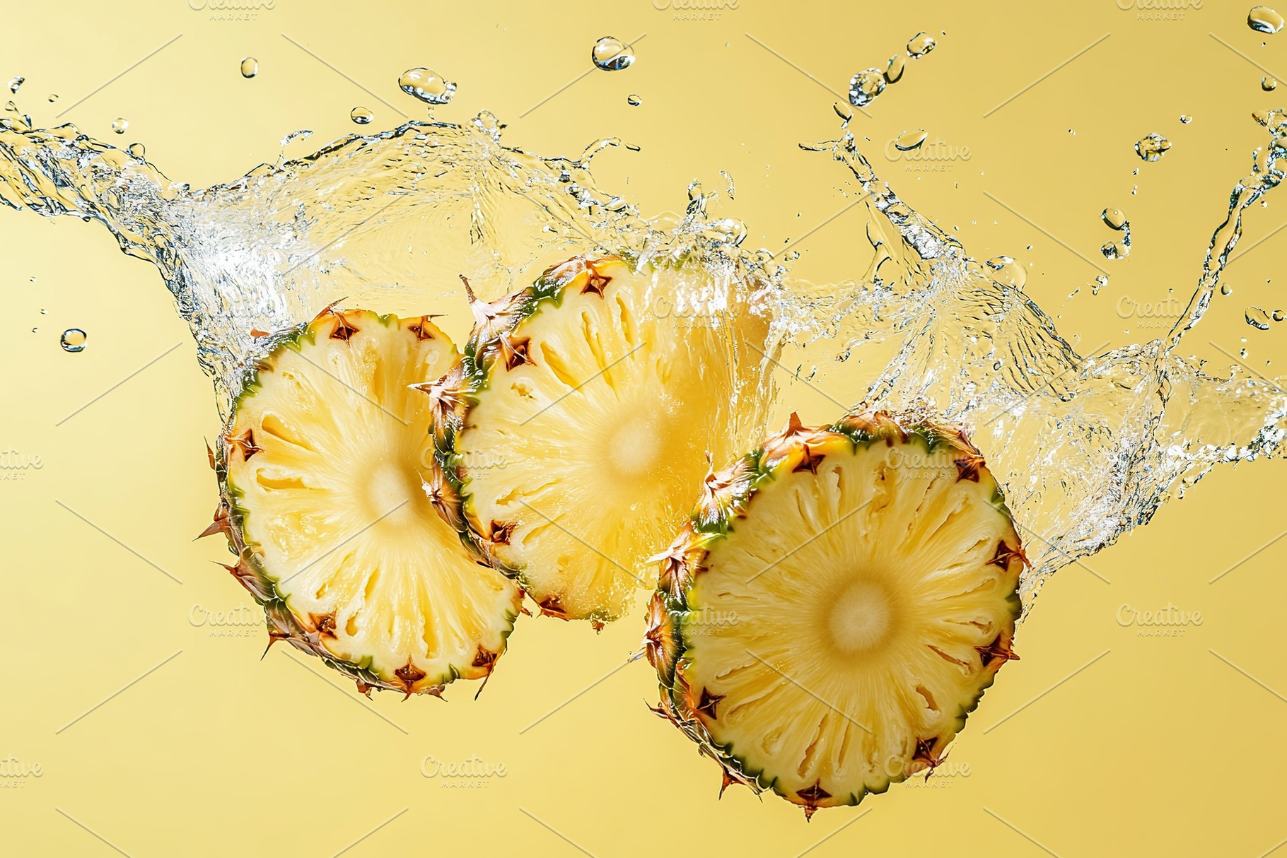 Fresh pineapple pieces falling in transparent water, a Photo by AlyaAnd