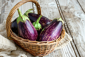 Fresh eggplants in basket on wooden table, a Food & Drink Photo by AlyaAnd