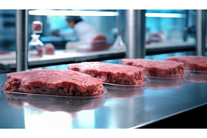 Rows of fresh minced meat in a, an Industrial Photo by Igor Tichonow