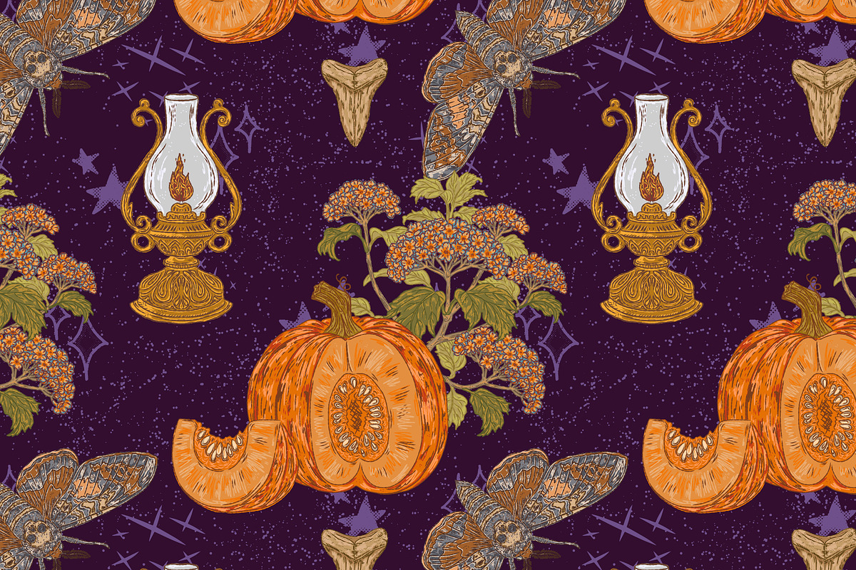 Pumpkin, Hawk Moth, Kerosene Lamp, a Pattern Graphic by NayaChu (Photo 4 of 9)