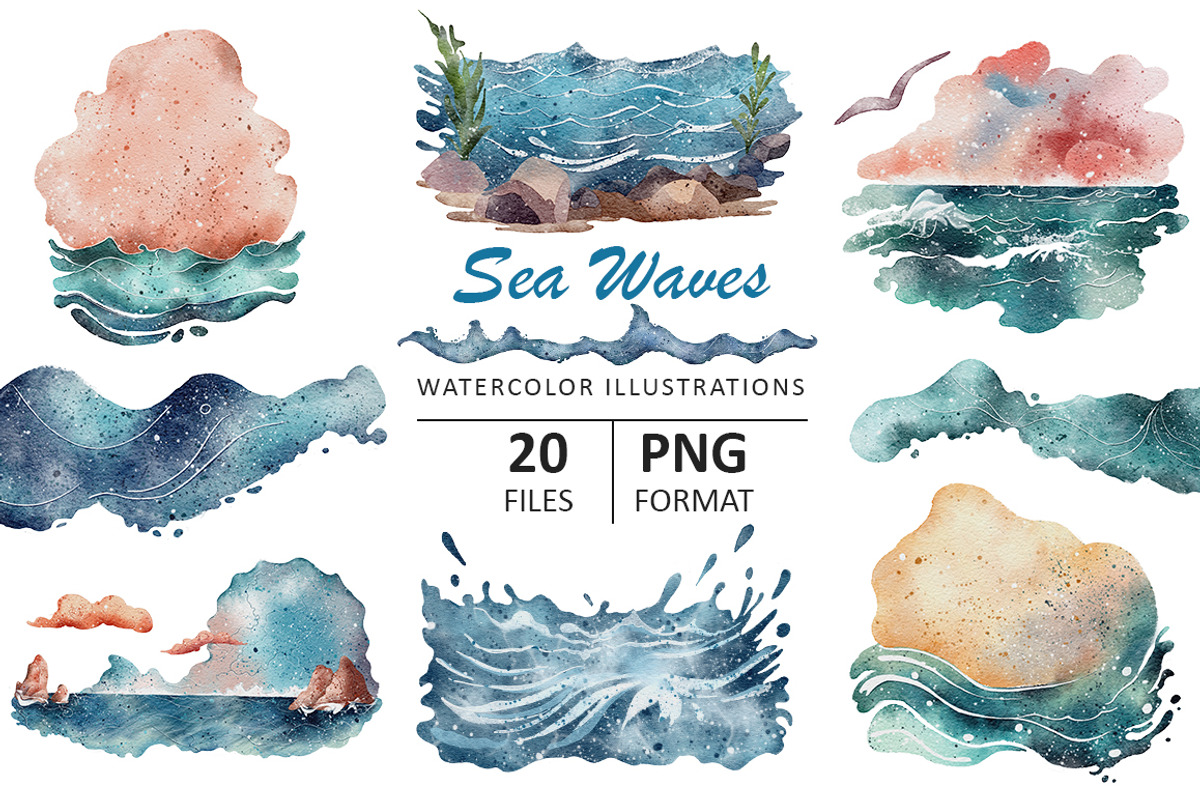 Sea Waves watercolor illustrations, an Object Illustration by Evgeniia (Photo 4 of 5)