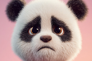 Adorable baby panda with a sad expression against a soft pink ba, an Animal Photo by Ales Munt