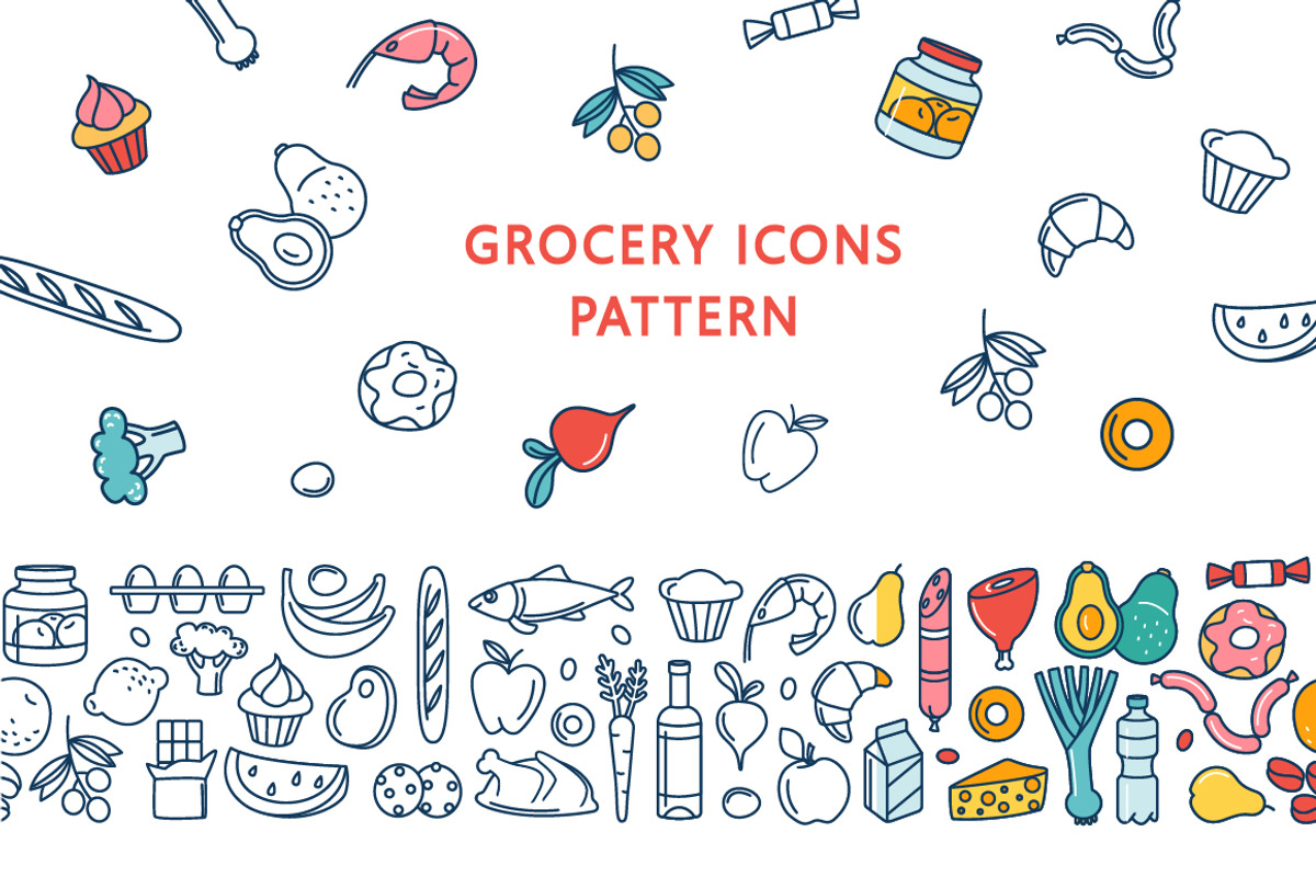 Grocery icons, patterns and borders, a Food Illustration by VasilkovS (Photo 1 of 10)