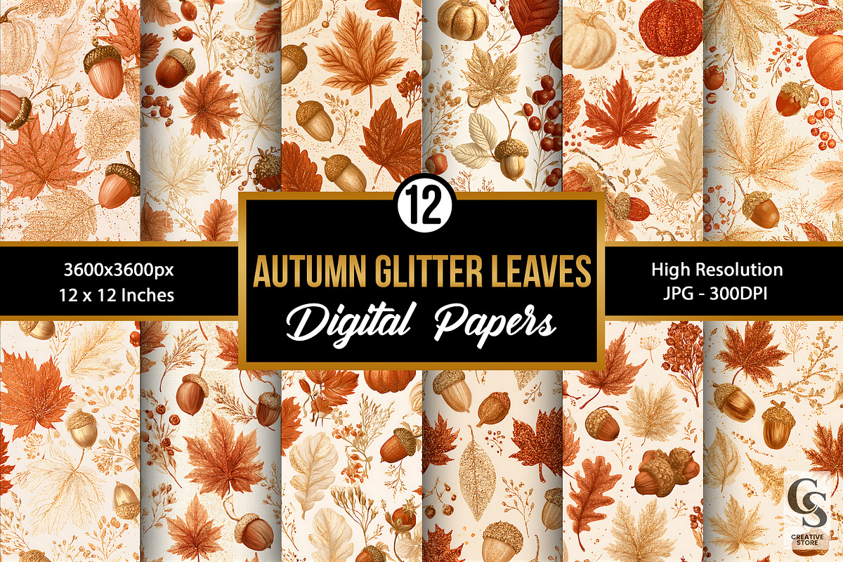 Fall Glitter Leaves & Pumpkins Paper, a Pattern Graphic by Creative Store (Photo 1 of 5)