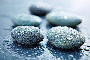 Smooth, dark stones lay on a reflective surface, covered with droplets, creatin, a Beauty & Fashion Photo by AlyaAnd