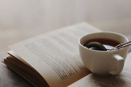 Cozy home still life cup of hot tea containing indoors, book, and read, a School & Education Photo by Photo by YuraYaryna