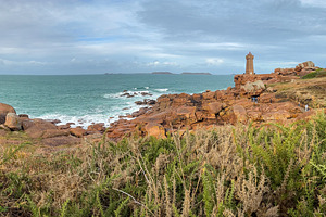 Mean Ruz lighthouse facing rough ocean near Tregastel Brittany F, a Nature Photo by GoodGoods