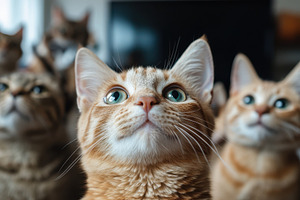 Orange tabby cat looking up surround, an Animal Photo by Pixeness Studio