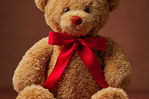 Brown teddy bear with red ribbon a symbol of love and affection, a Photo by Studio ANNA