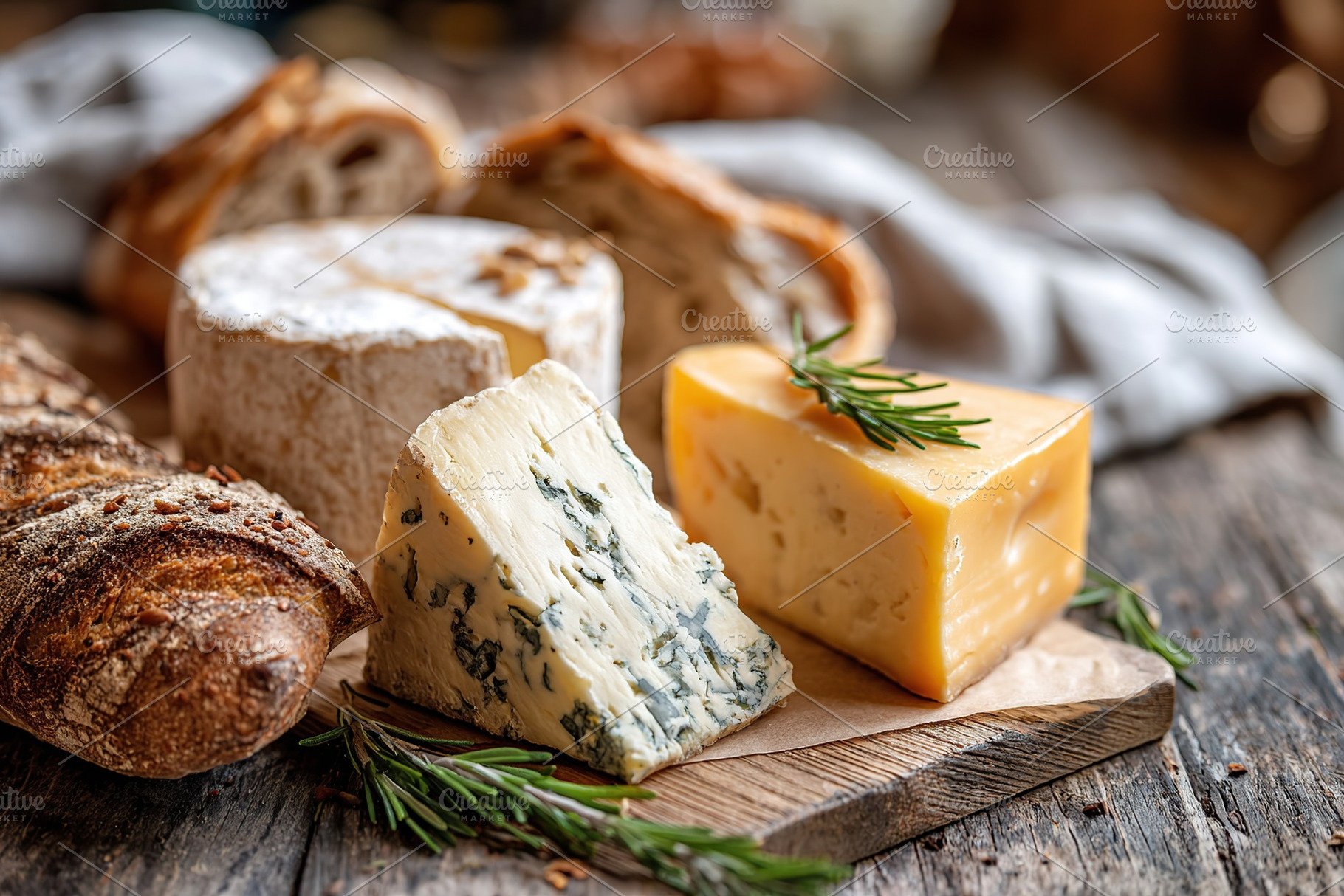 Delicious artisan cheeses with slices of crusty bread on a wooden board, a Food & Drink Photo by AlyaAnd