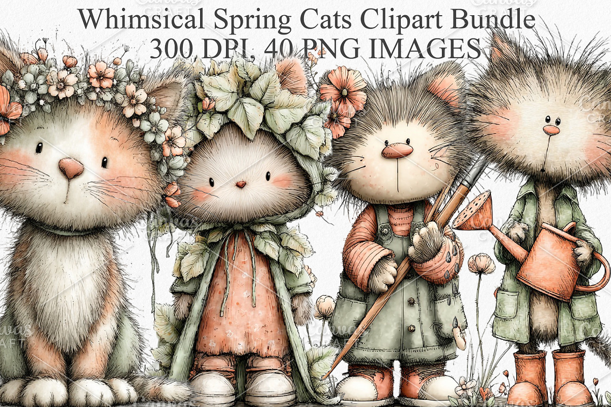 Whimsical Spring Cats Clipart Bundle, an Illustration by Canvas Craft
