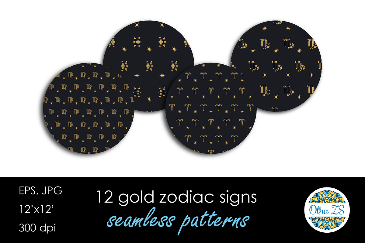 Gold Zodiac signs seamless patterns, a Pattern Graphic by Olha ZS (Photo 2 of 3)