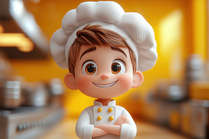 Young chef smiling proudly in a brig, a Photo by Tanuart