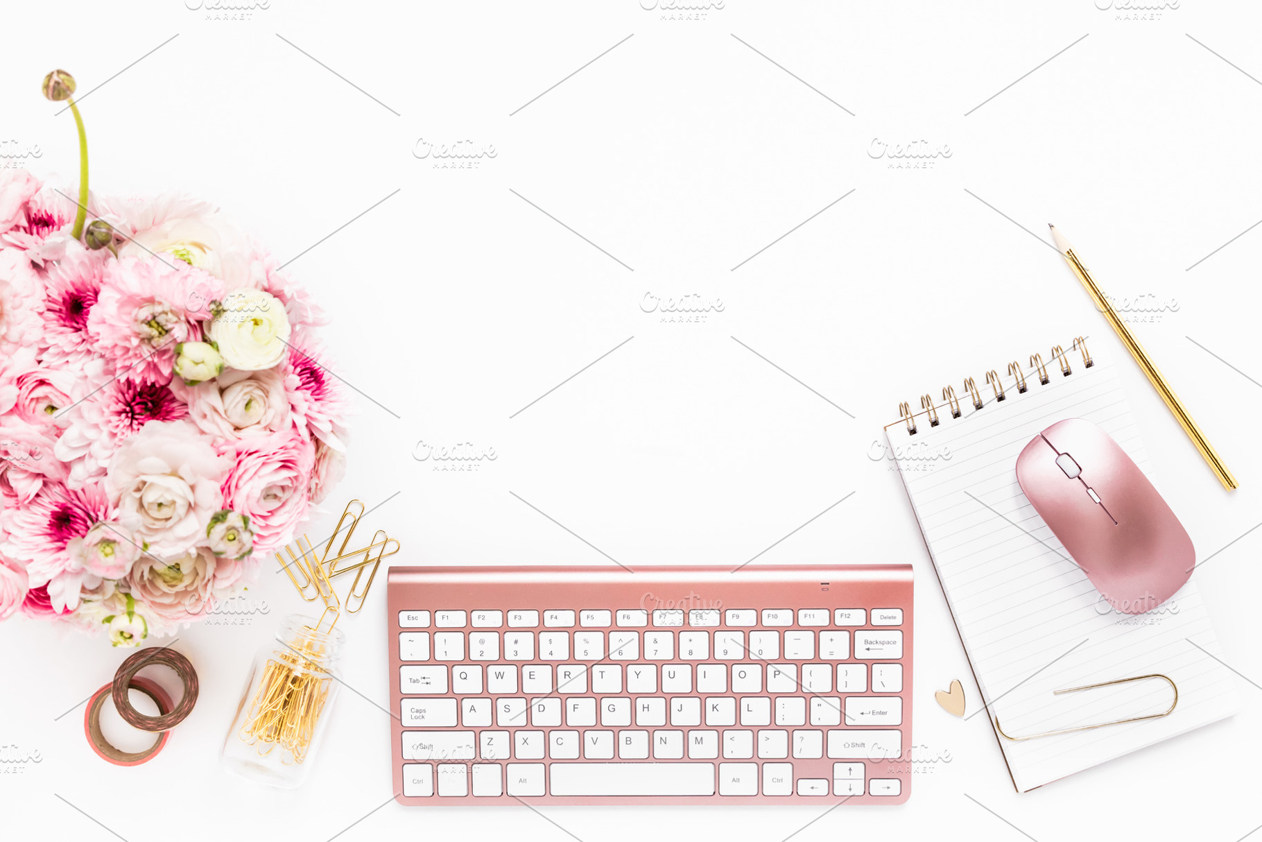 Gold & pink stationery on desktop featuring banner images, blog photo, and, a Business Photo by With Love Monique