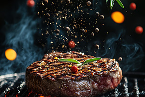 Juicy steak grilling with falling herbs and spices under warm evening light, a Food & Drink Photo by AlyaAnd