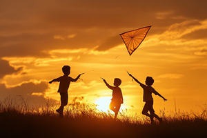 Children flying kites against, a Photo by Pavel_design