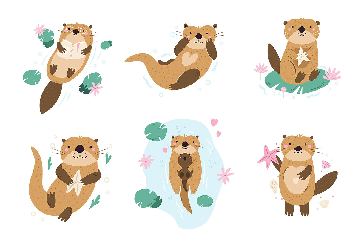 Cute Otters Cliparts & Patterns, a Graphic by danceyourlife (Photo 4 of 11)