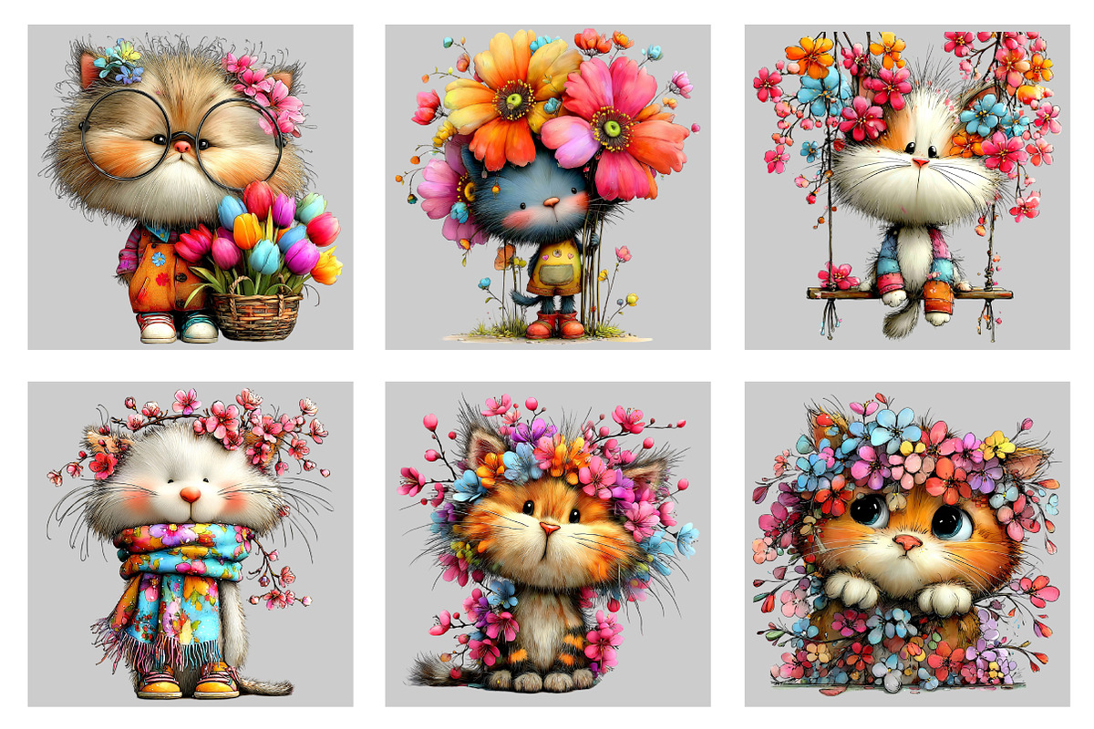 Whimsical Spring Cat Clipart, an Illustration by Black Bird Studio (Photo 3 of 5)