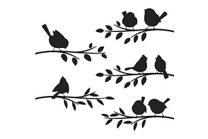 Birds Branches Silhouettes. Bird Set