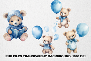 Watercolor Blue Baby Bear Clipart