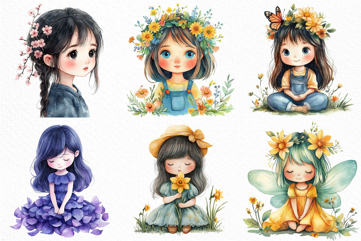 Cute Chibi Floral Girls Clipart, an Illustration by Craft Nest (Photo 4 of 6)
