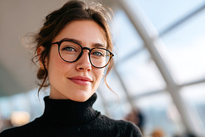 Young woman wearing elegant eyeglasses poses confidently in modern indoor space, a Person Photo by AlyaAnd