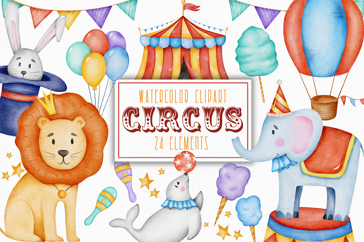 Watercolor Circus clipart, an Animal Illustration by LuiDesignStudio