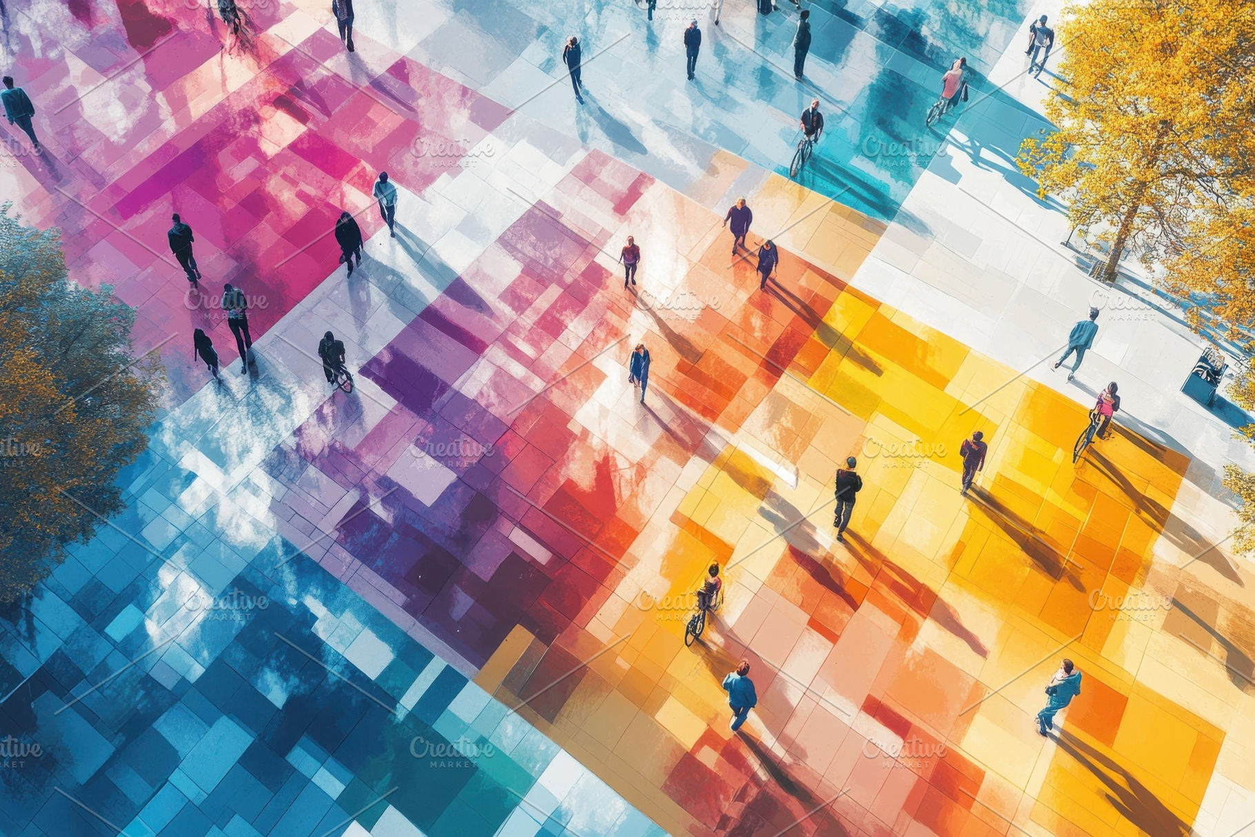 Colorful city plaza people walking v, a Photo by Pixeness Studio