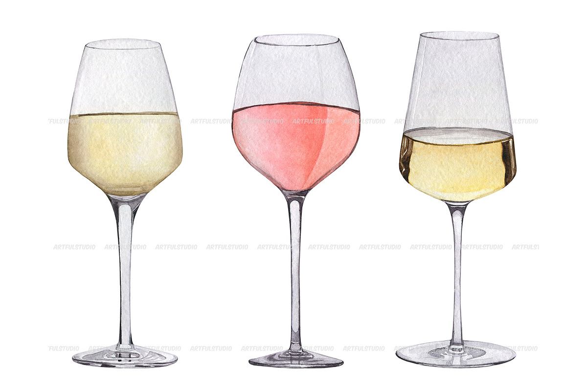 Watercolor white & rose wine clipart, a Food Illustration by ArtfulStudio (Photo 4 of 9)