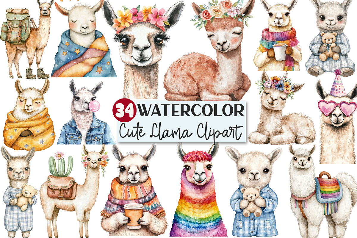 Watercolor Cute Llama Clipart, an Illustration by Rose Art (Photo 1 of 7)